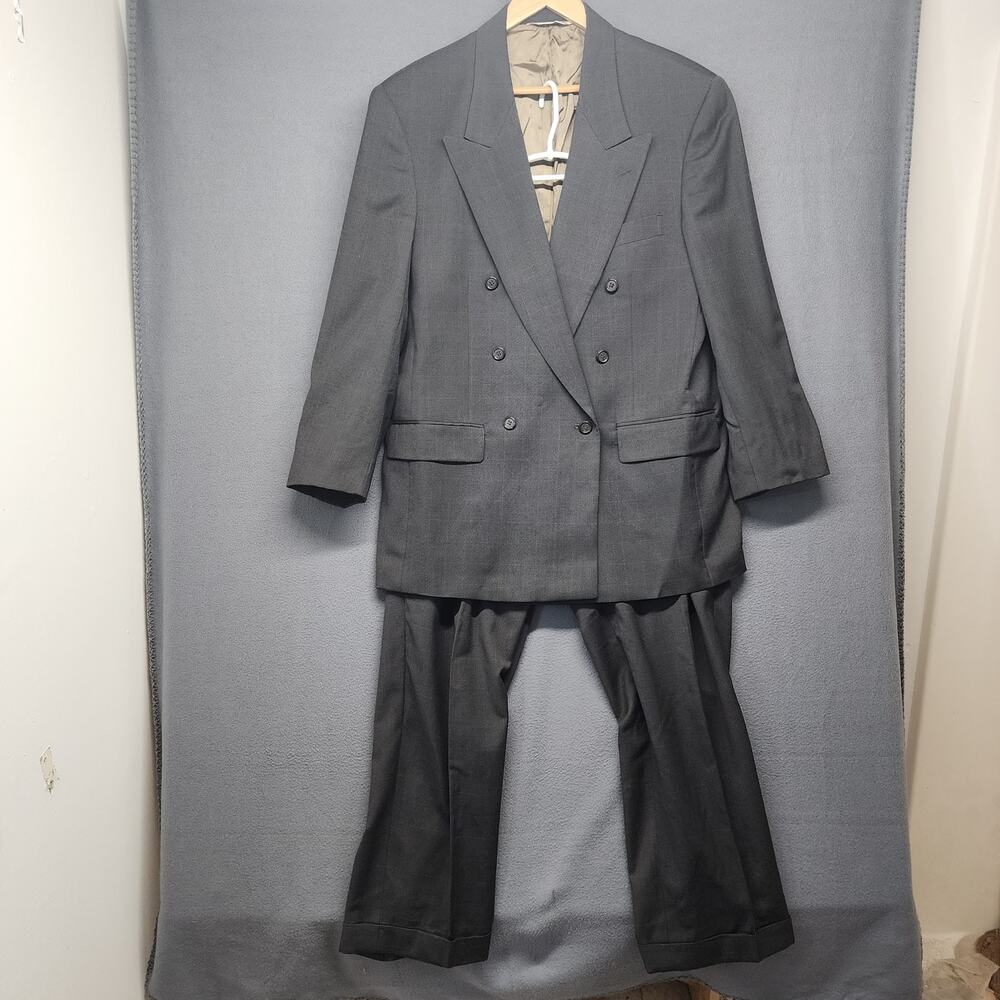 Vtg 90s Suit Double Breasted Peak Collar Pleated Cuffed Pants Wool 44R W32 L29